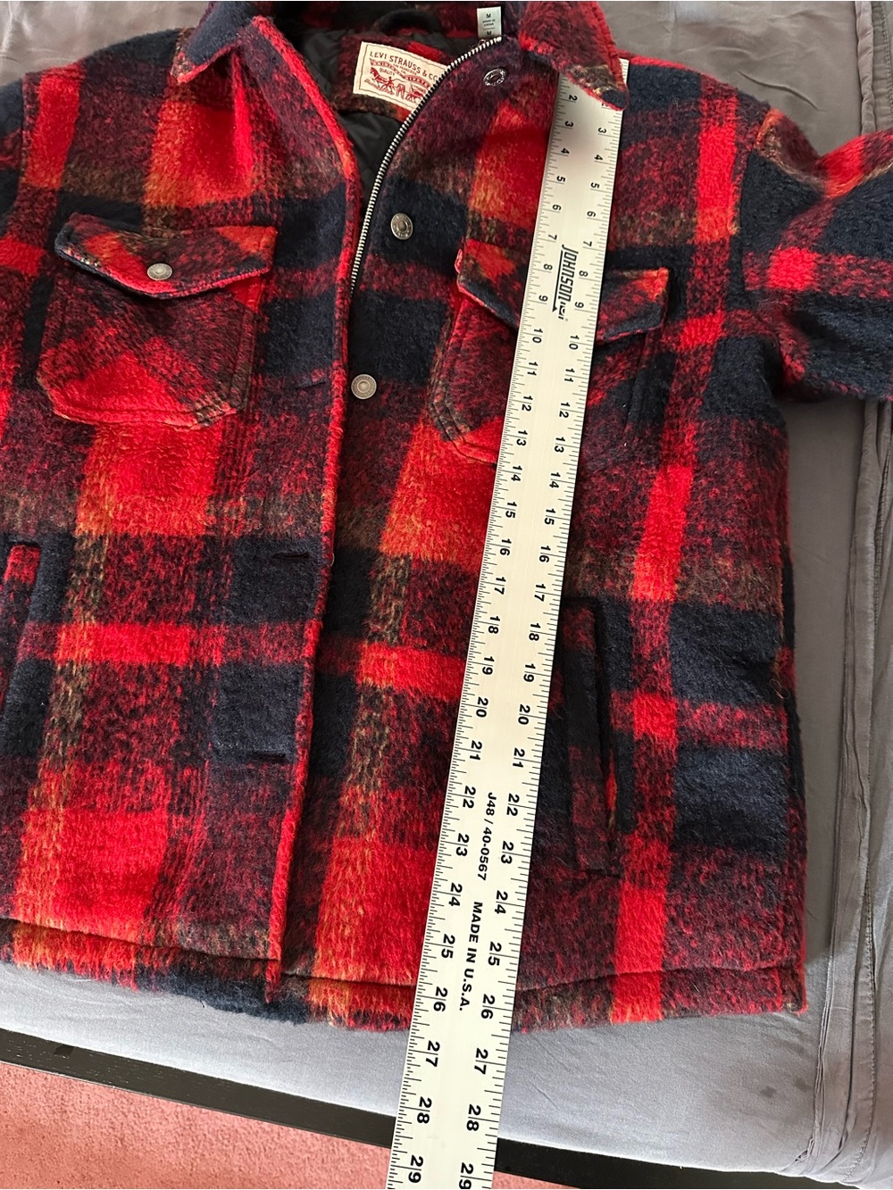 Levis Trucker Jacket Buffalo Plaid Zipper Button Wool Blend Red Women’s Size M - Picture 11 of 14